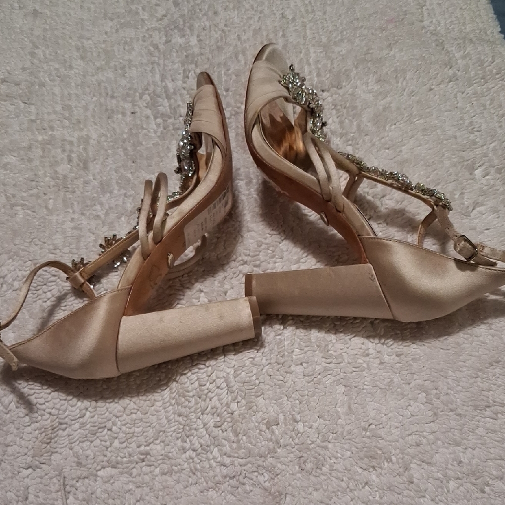 Badgley Mischka Champagne Satin Crystal T-Strap Heels - Picture 3 of 10